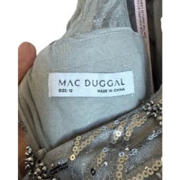 MAC DUGGAL 20252 High Neck Elbow Sleeve Embellished A-Line Dress Size 12 Silver - Picture 9 of 11
